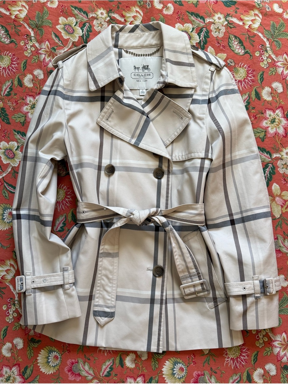 Coach Light Beige Plaid Double-Breasted Belted Trench Coat
